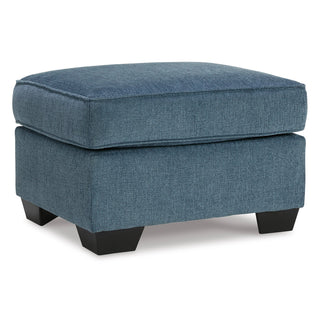 Cocktail Ottoman, Rectangle, Blue Polyester with Faux Wood Feet