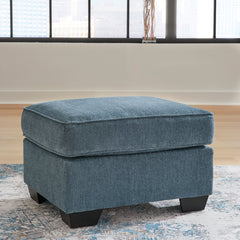 Cocktail Ottoman, Rectangle, Blue Polyester with Faux Wood Feet