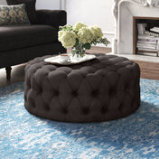Cocktail Ottoman, Round, Heathered Dark Gray Linen with Black Legs