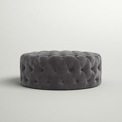 Cocktail Ottoman, Round, Heathered Dark Gray Linen with Black Legs