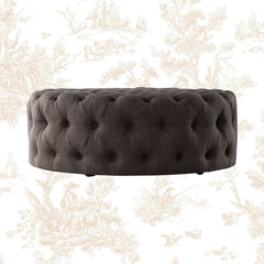 Cocktail Ottoman, Round, Heathered Dark Gray Linen with Black Legs