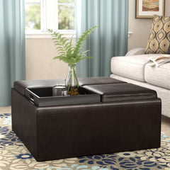 Cocktail Ottoman, Solid Wood Frame, Espresso Faux Leather, Black Wood Legs
