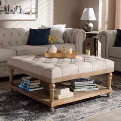 Cocktail Ottoman with Storage, Beige Linen Tufted Upholstery