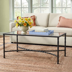 Cocktail Table, 40 in Rectangular, Clear Glass Top with Black Metal Base
