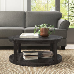 Cocktail Table, 40 in Round, Black with Storage Shelf