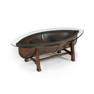 Cocktail Table, Oval Clear Glass Top with Dark Oak Wood Base
