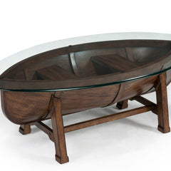 Cocktail Table, Oval Clear Glass Top with Dark Oak Wood Base