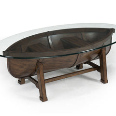 Cocktail Table, Oval Clear Glass Top with Dark Oak Wood Base