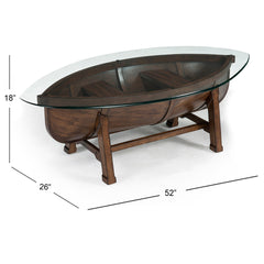 Cocktail Table, Oval Clear Glass Top with Dark Oak Wood Base