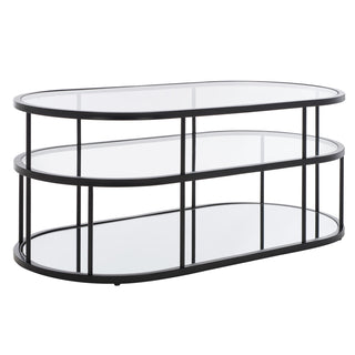 Cocktail Table, Oval Tempered Glass Top with Black Iron Base