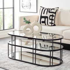 Cocktail Table, Oval Tempered Glass Top with Black Iron Base