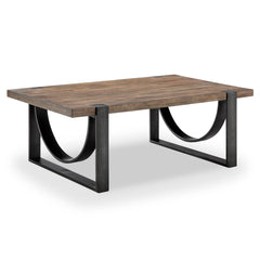 Cocktail Table, Rectangular Solid Wood with Steel Base, Brown and Black