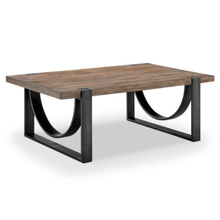 Cocktail Table, Rectangular Solid Wood with Steel Base, Brown and Black