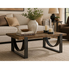 Cocktail Table, Rectangular Solid Wood with Steel Base, Brown and Black