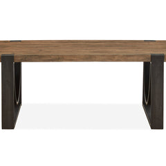 Cocktail Table, Rectangular Solid Wood with Steel Base, Brown and Black