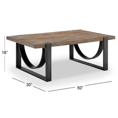 Cocktail Table, Rectangular Solid Wood with Steel Base, Brown and Black