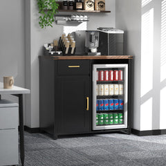 Coffee Bar Cabinet with Fridge Space and Drawer, Brown Wood Top