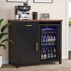 Coffee Bar Cabinet with Fridge Space and Drawer, Brown Wood Top