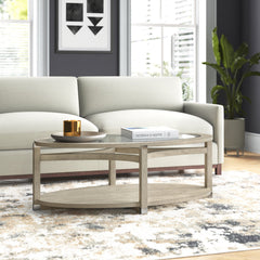 Coffee Table, 2-Tier, 48 in Oval, Beige with Clear Glass Top