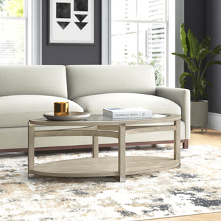 Coffee Table, 2-Tier, 48 in Oval, Beige with Clear Glass Top