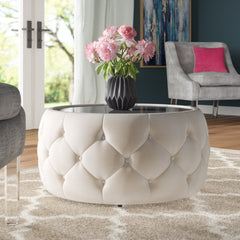Coffee Table, 30 in Round Drum with Velvet Upholstery and Glass Top