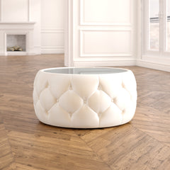 Coffee Table, 30 in Round Drum with Velvet Upholstery and Glass Top
