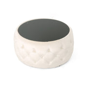 Coffee Table, 30 in Round Drum with Velvet Upholstery and Glass Top
