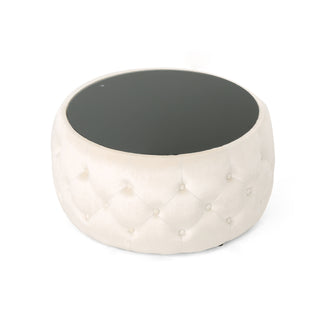 Coffee Table, 30 in Round Drum with Velvet Upholstery and Glass Top