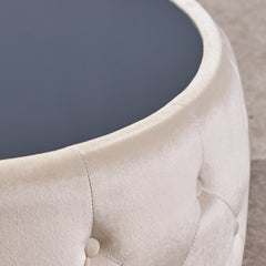 Coffee Table, 30 in Round Drum with Velvet Upholstery and Glass Top