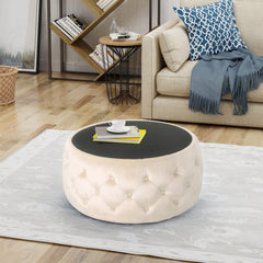Coffee Table, 30 in Round Drum with Velvet Upholstery and Glass Top