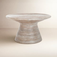 Coffee Table, 31.5 In Round Pedestal, Gray White Wash Wicker and Rattan