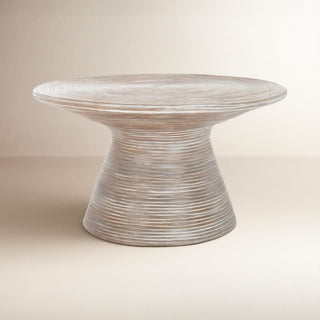 Coffee Table, 31.5 In Round Pedestal, Gray White Wash Wicker and Rattan