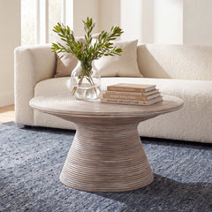 Coffee Table, 31.5 In Round Pedestal, Gray White Wash Wicker and Rattan