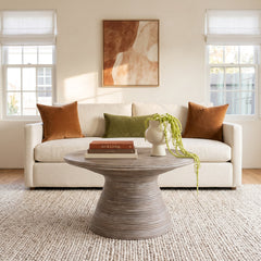 Coffee Table, 31.5 In Round Pedestal, Gray White Wash Wicker and Rattan