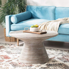 Coffee Table, 31.5 In Round Pedestal, Gray White Wash Wicker and Rattan