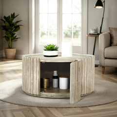 Coffee Table, 31.5 in Round with Hidden Storage, Beige Acacia Wood