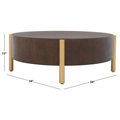 Coffee Table, 32 in Round, Dark Oak with Gold Legs