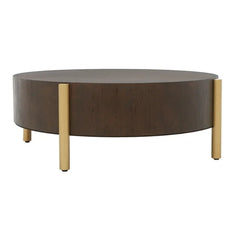 Coffee Table, 32 in Round, Dark Oak with Gold Legs