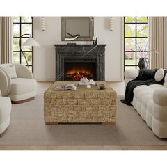 Coffee Table, 33 in Square, Beige Wicker Rattan with Four Legs