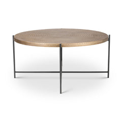 Coffee Table, 35.5 in Round, Antique Brass Top, Black Iron Base