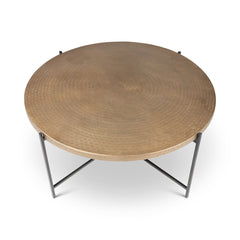Coffee Table, 35.5 in Round, Antique Brass Top, Black Iron Base