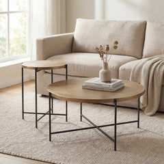Coffee Table, 35.5 in Round, Antique Brass Top, Black Iron Base