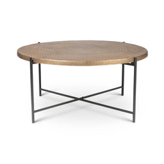 Coffee Table, 35.5 in Round, Antique Brass Top, Black Iron Base