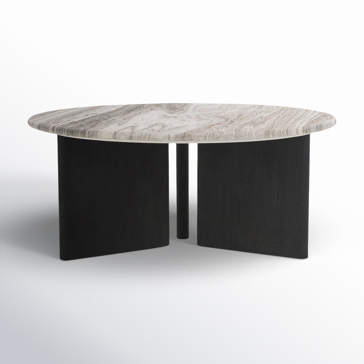 Coffee Table, 35 In, Gray Marble Top with Black Solid Wood Base