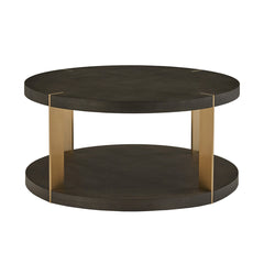 Coffee Table, 36 In Round, Brown Faux Shagreen Top, Gold Metal Base
