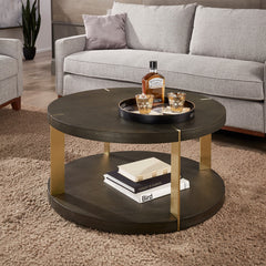 Coffee Table, 36 In Round, Brown Faux Shagreen Top, Gold Metal Base