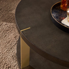 Coffee Table, 36 In Round, Brown Faux Shagreen Top, Gold Metal Base