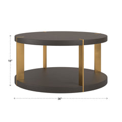 Coffee Table, 36 In Round, Brown Faux Shagreen Top, Gold Metal Base