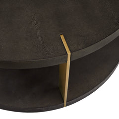 Coffee Table, 36 In Round, Brown Faux Shagreen Top, Gold Metal Base