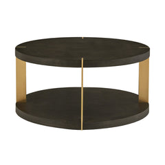 Coffee Table, 36 In Round, Brown Faux Shagreen Top, Gold Metal Base